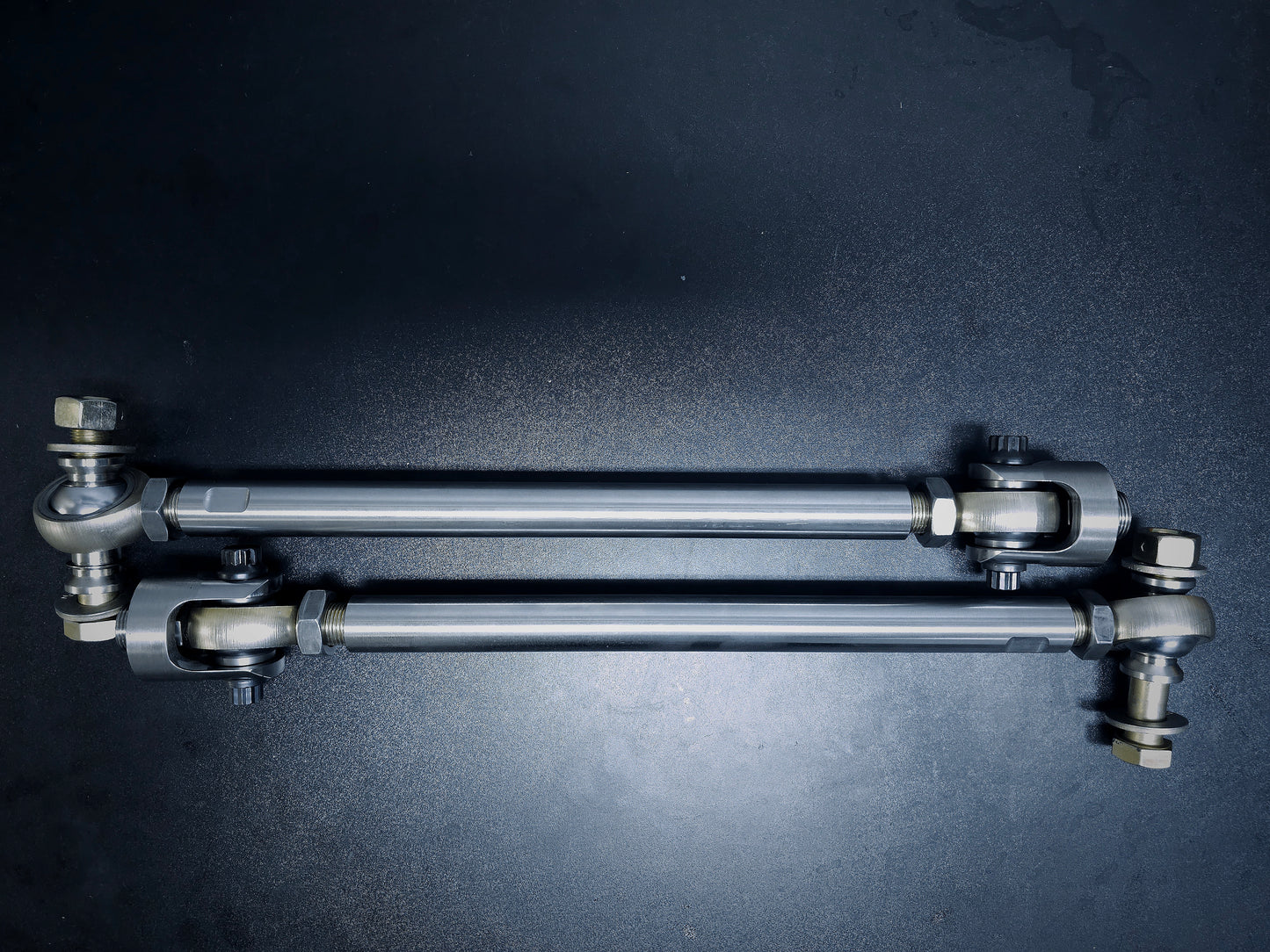 This is a close up of the toyo steering heim tie rod kit with the stainless steel clevis and fk rod ends wit the misalignments