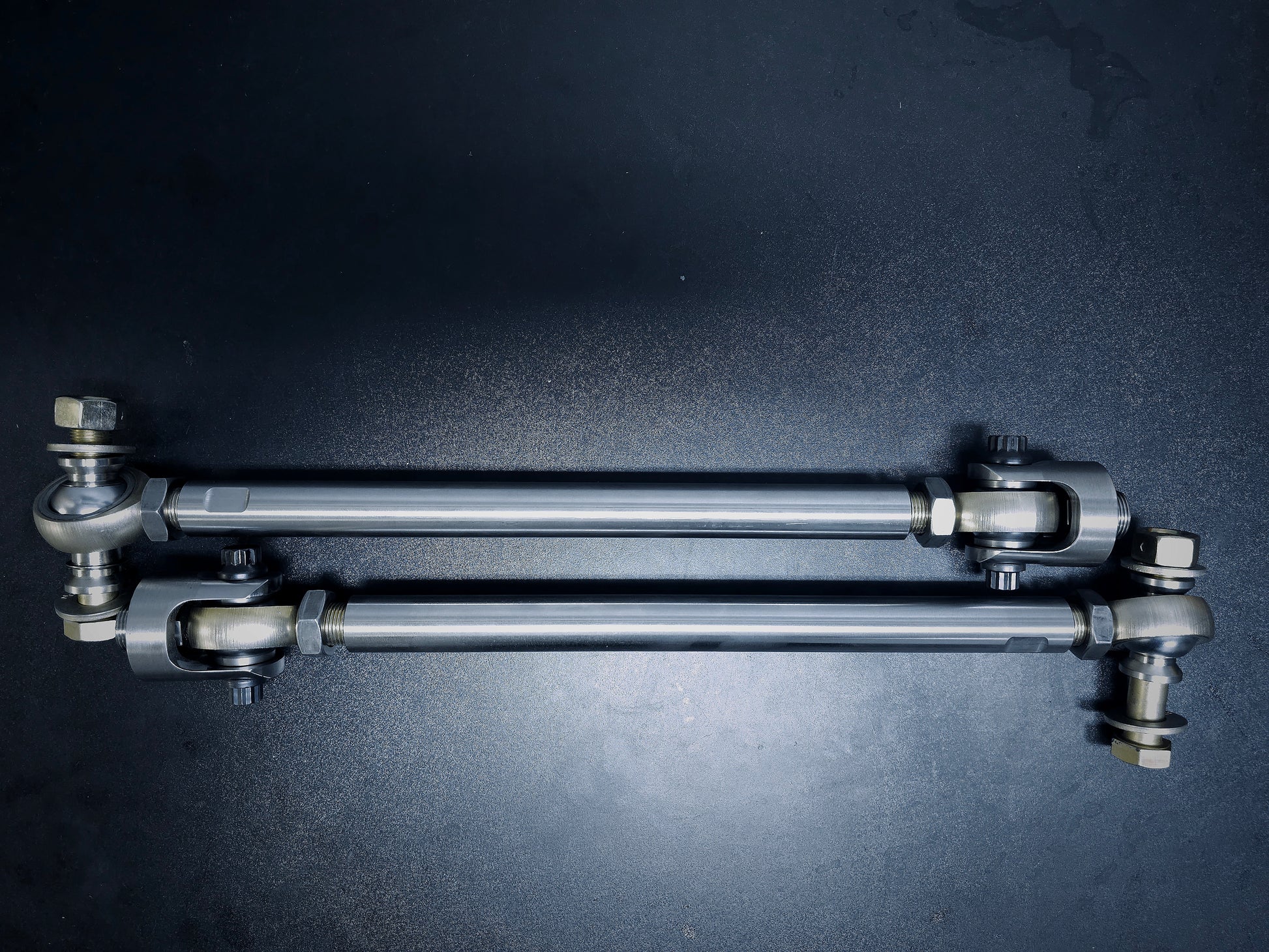This is a close up of the toyo steering heim tie rod kit with the stainless steel clevis and fk rod ends wit the misalignments